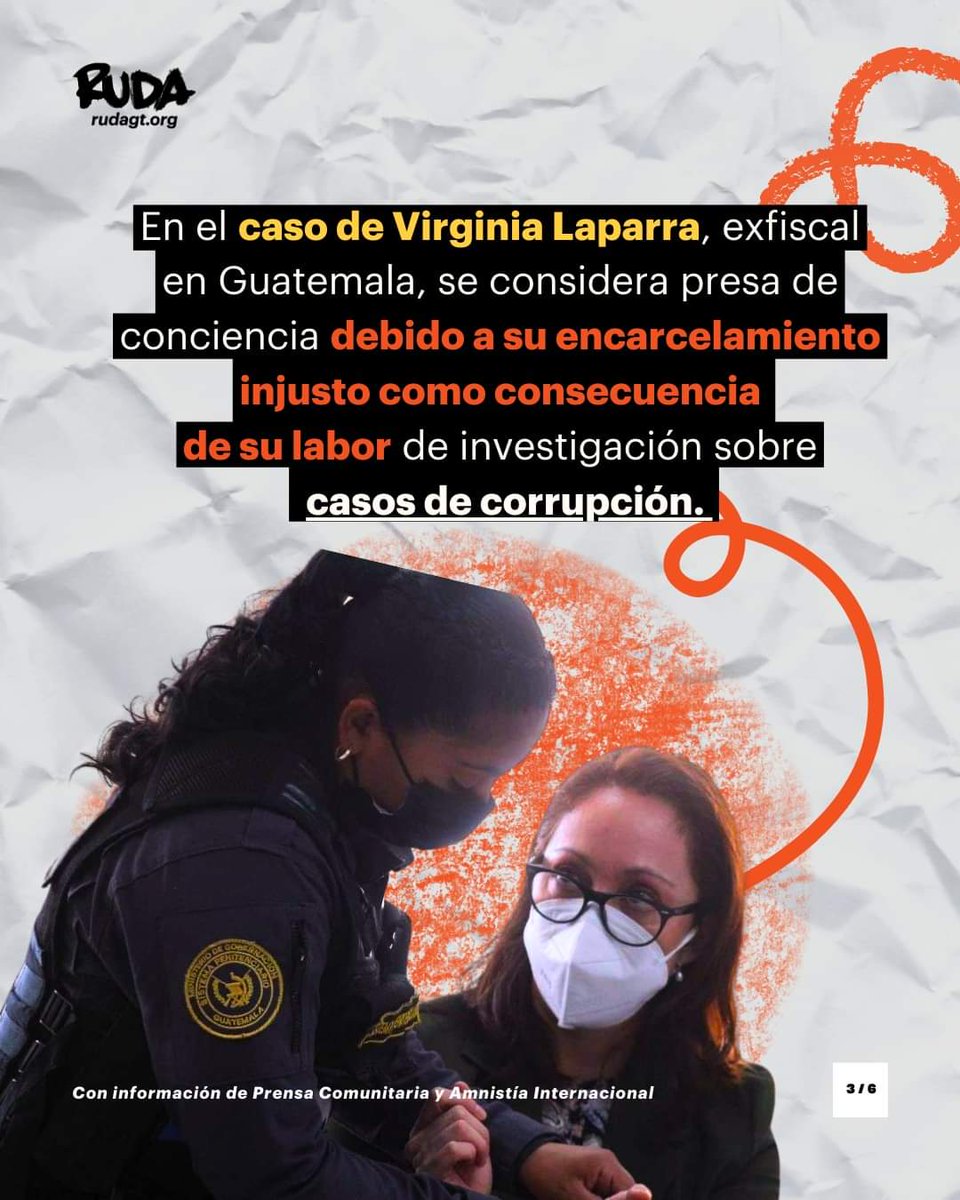 ruda_gt's tweet photo. #Violencias 🛑¿Qué implica ser presa de conciencia? ✋🏽

Encarcelada como represalia por su labor contra la corrupción en Guatemala,✊🏽el caso de Virginia Laparra evidencia persecución política a operadoras de justicia independientes en el país. 👁️‍🗨️

#JusticiaParaVirginia 

Vía: @PrensaComunitar
@AmnistiaOnline