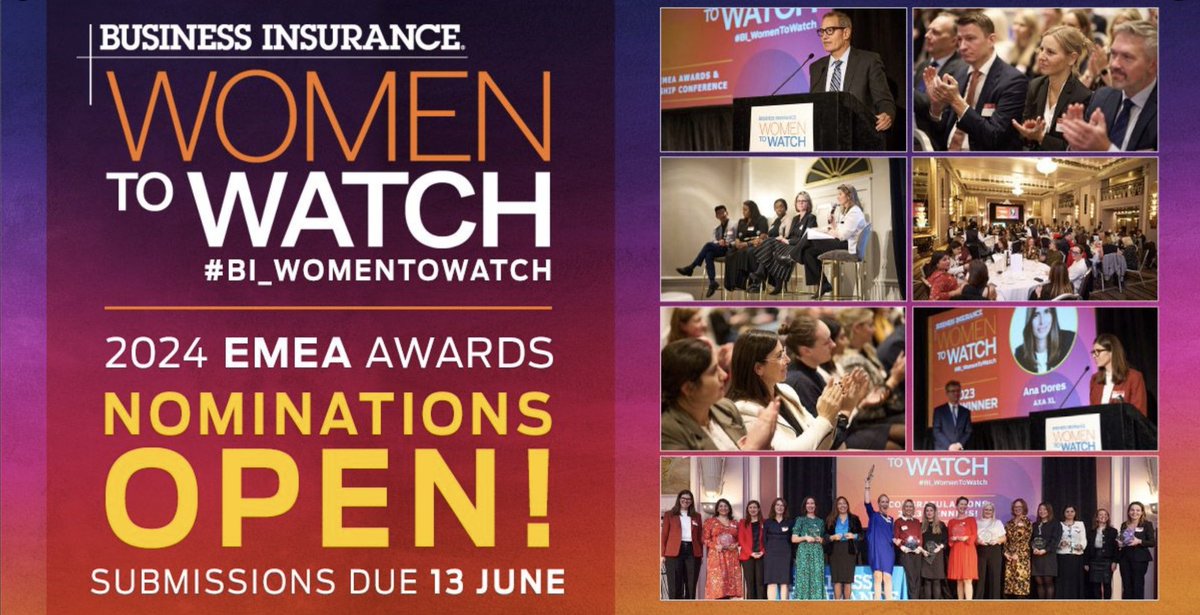 ❗️Nominations for WomentoWatch 2024 are open and due June 23❗️
♦️Join @BusInsMagazine in NYC on Nov 19 for a day packed with connection, development, and #networking.  

Nominate today 👉🏻 events.businessinsurance.com/w2wemea24/nomi…

#w2w #businessinsurance