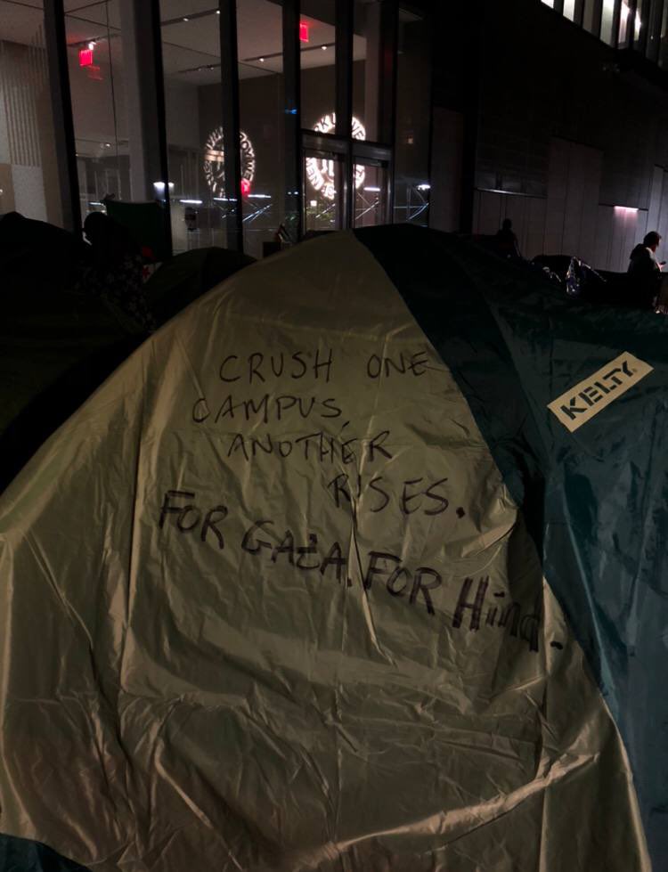 THEY TRY TO CRUSH THE STUDENT MOVEMENT AND STILL WE RISE. TENTS RETURN TO NYU GAZA SOLIDARITY ENCAMPMENT AS COLUMBIA AND CCNY FACE BRUTAL NYPD VIOLENCE WE DISRUPT, WE DESTABILISE, WE RISE. FOR OUR SIBLINGS IN GAZA, FOR OUR SIBLINGS UPTOWN, UNITED FOR PALESTINE.