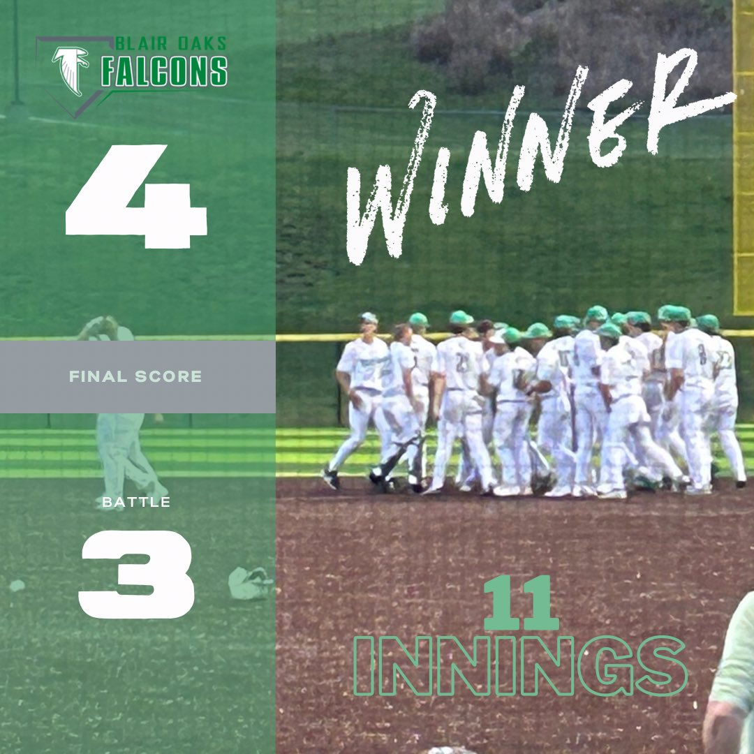 Varsity battled to defeat Battle in the 11th! 👏🏼 

#shoutouts
@nolan_demilia: walkoff hit
WHOLE TEAM: working together to get the W

#WeAreBlairOaks #Itsourtime #OnTheTurf