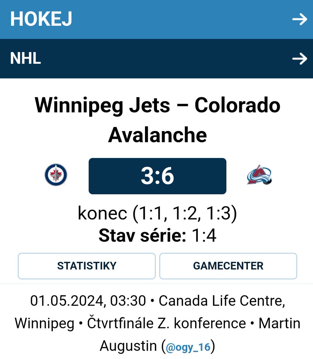 🏒 NHL | Hokejisté Colorada vítězí v pátém utkání na ledě Winnipegu 6:3, sérii vyhrávají 4:1 na zápasy a postupují tak do konferenčního semifinále. ⤵️ 1url.cz/P1LLD