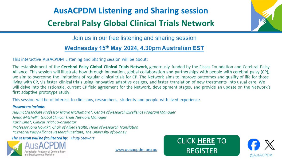 Join us on the 15th May 2024 (4:30pm AEST) for our next free AusACPDM listening and sharing session on the topic 'Cerebral Palsy Global Clinical Trials Network' Click the link to register: us02web.zoom.us/meeting/regist…