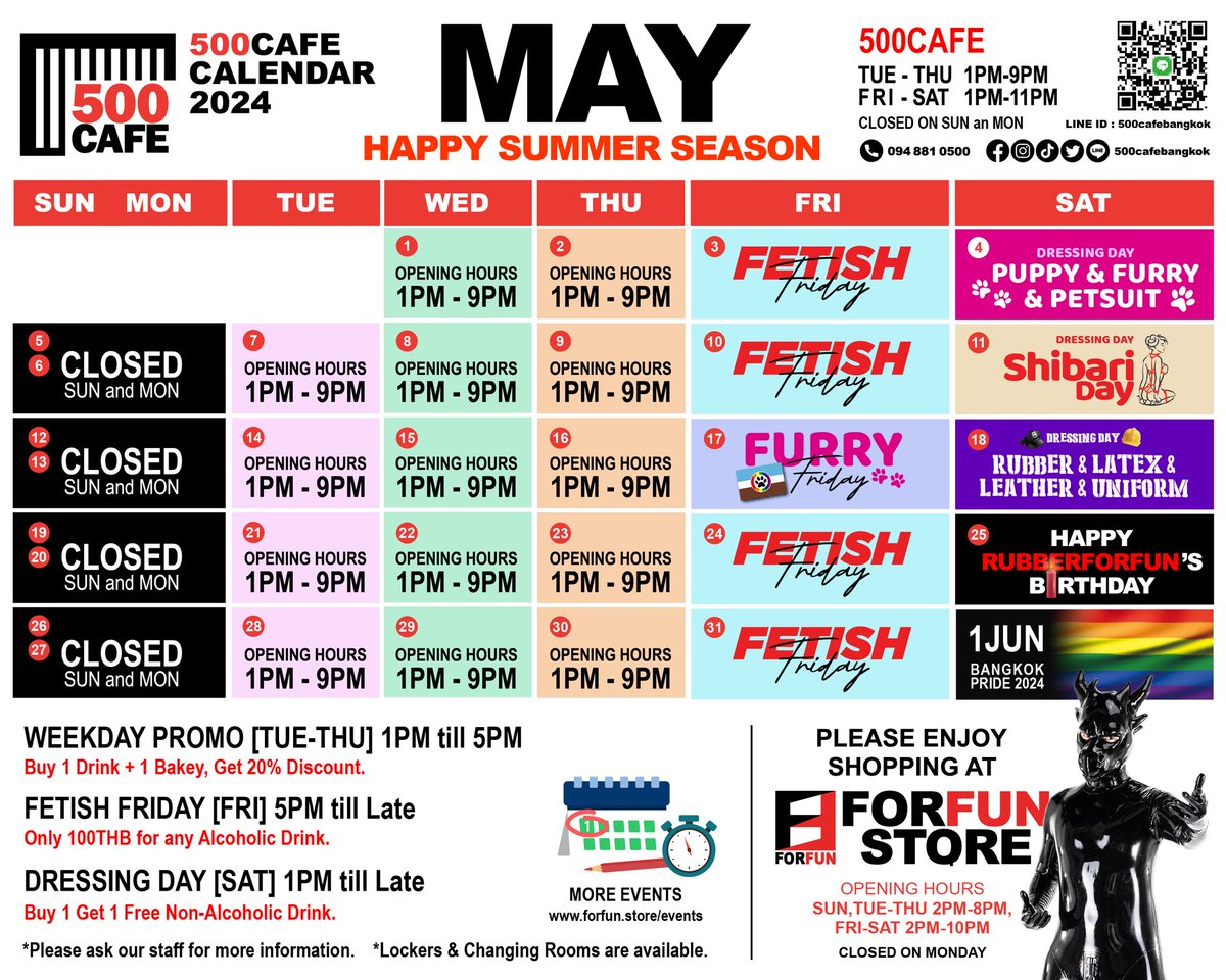 May - Happy Summer Season ☀️ 🗓️ 500 Cafe Events Calendar - May 2024 📌 @500cafebangkok 😍 Tuesday-Thursday Weekday Promotion Order 1 drink with 1 Bakery to enjoy a 20% discount. 💋 F€tish Friday Friday 5pm till late (Furry Friday 🐻 3rd Friday of the month) 👔 Dressing Day…