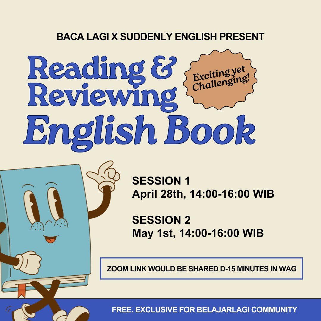 Untuk alumni Belajarlagi, siang ini ada webinar kolaborasi eskul Baca Lagi x Suddenly English. Gratis, tinggal join aja di community Besutan bu @hzboy dan cik @jemzamanda 🙏