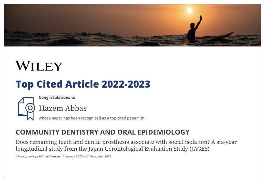 原田（星）助教とハゼム助教（世界展開力強化事業推進室）の論文が、Community Dentistry and Oral Epidemiologyの10 most-cited papers 2022-2023に選出されました！ 
おめでとうございます🎊 
#TopCitedArticle