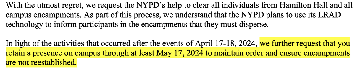 Abyasun's tweet photo. In an email sent to @Columbia faculty and students, President Minouche Shafik said the university requested the presence of NYPD on campus until May 17. The graduation ceremony will take place on May 15. https://t.co/Xpbd4eYFNK