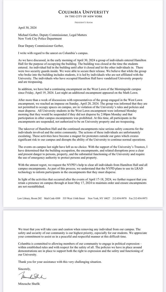 Columbia University President Minouche Shafik's letter to NYPD requesting assistance: 'We believe that while the group who broke into the [Hamilton Hall] building includes students, it is led by individuals who are not affiliated with the University.'