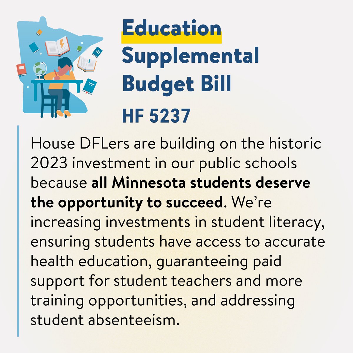 Minnesota Democrats are committed to ensuring a quality, world-class education for all students! Our Education Supplemental Budget boosts resources for the READ Act to improve literacy, moves forward solutions for student wellbeing, and enhances support for teachers 📔🍎👩🏼‍💻 #mnleg