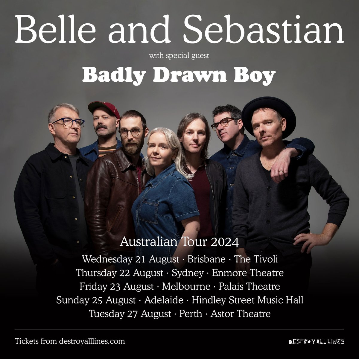 Scottish indie icons Belle and Sebastian will tour Australia this August. They'll be joined on the tour by English singer-songwriter Badly Drawn Boy. Early bird presale: Tue 7 May @ 9 AM local Sign up ➟ daltours.cc/24bas General public on-sale: Thu 9 May @ local