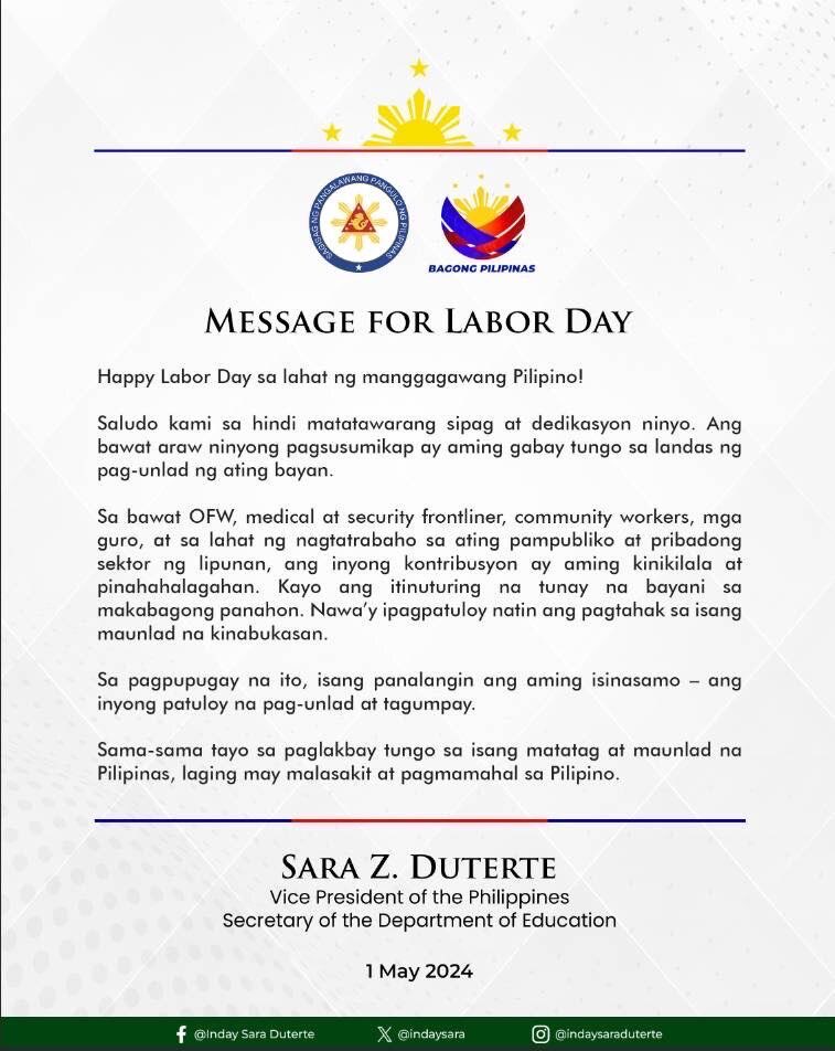 Mensahe ni Vice President at Education Sec. #SaraDuterte sa mga manggagawang Pilipino ngayong #LaborDay. #News5

: Inday Sara Duterte (Facebook)