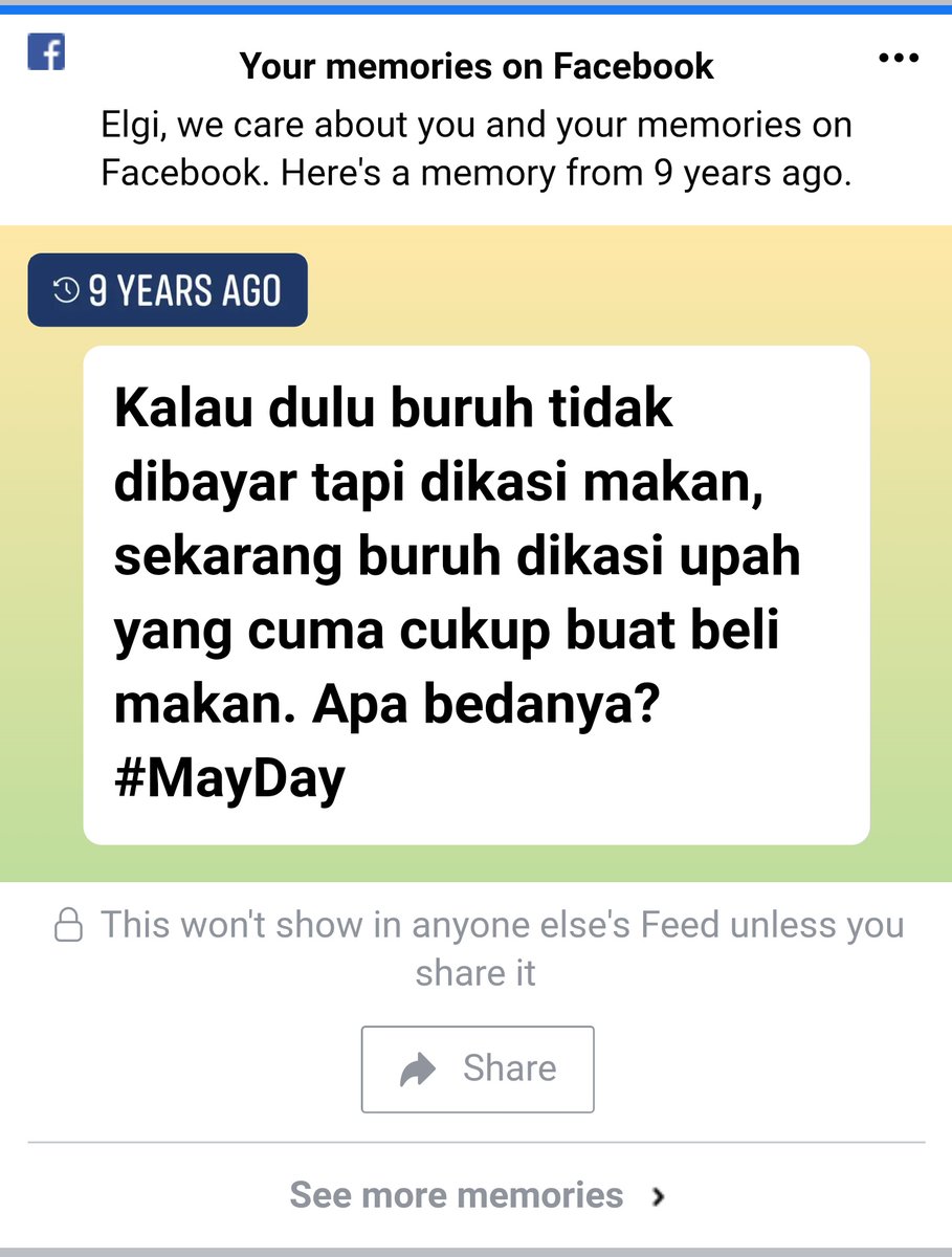 9 tahun lalu
Kondisi sepertinya tidak jauh beda
Panjang umur kebaikan para kesatria nafkah 

*Untukmu yang bukan buruh tapi diperlakukan layaknya buruh, tetap semangat juga...

#libur #MayDay