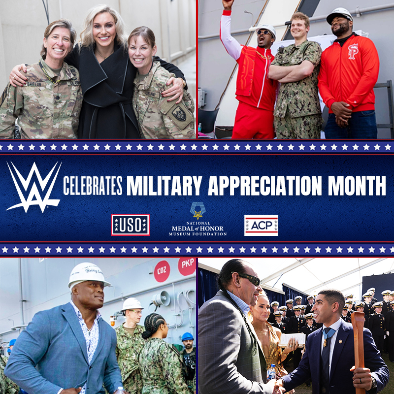 WWE is proud to support #MilitaryAppreciationMonth and our partners supporting service members and veterans at @MohMuseum, @The_USO and @acpvets!