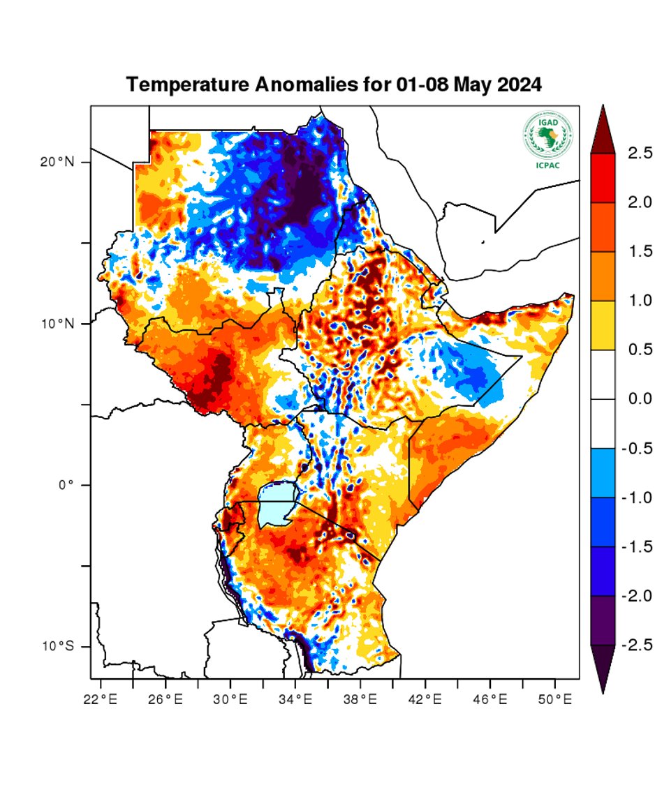 📢 Weekly temperature anomalies forecast for 01 - 08 May 2024 🌡️ 🌡️ Warmer than usual temperatures predicted over most parts of the GHA. Details 👉🏿 shorturl.at/dwPQS #temperature #forecast