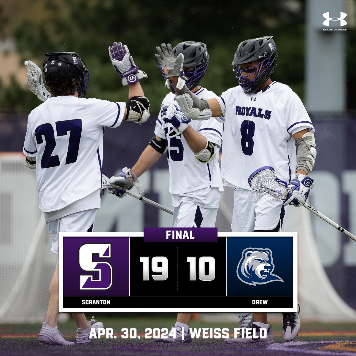 MOVING ON! 😈 Kyle Holmes led the way with 5️⃣ goals as @ScrantonMensLax beat Drew 19-10 in the Landmark Quarterfinals tonight at Weiss Field! 🥍 #GoRoyals