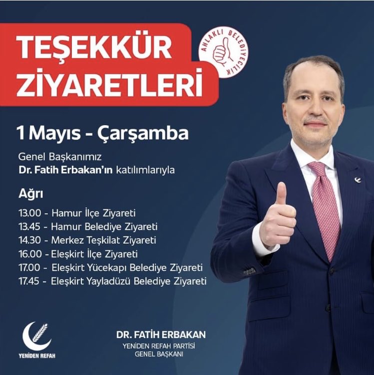 Seçim sonrası teşekkür ve tebrik ziyaretlerimiz için yarın Ağrı’dayız inşallah.