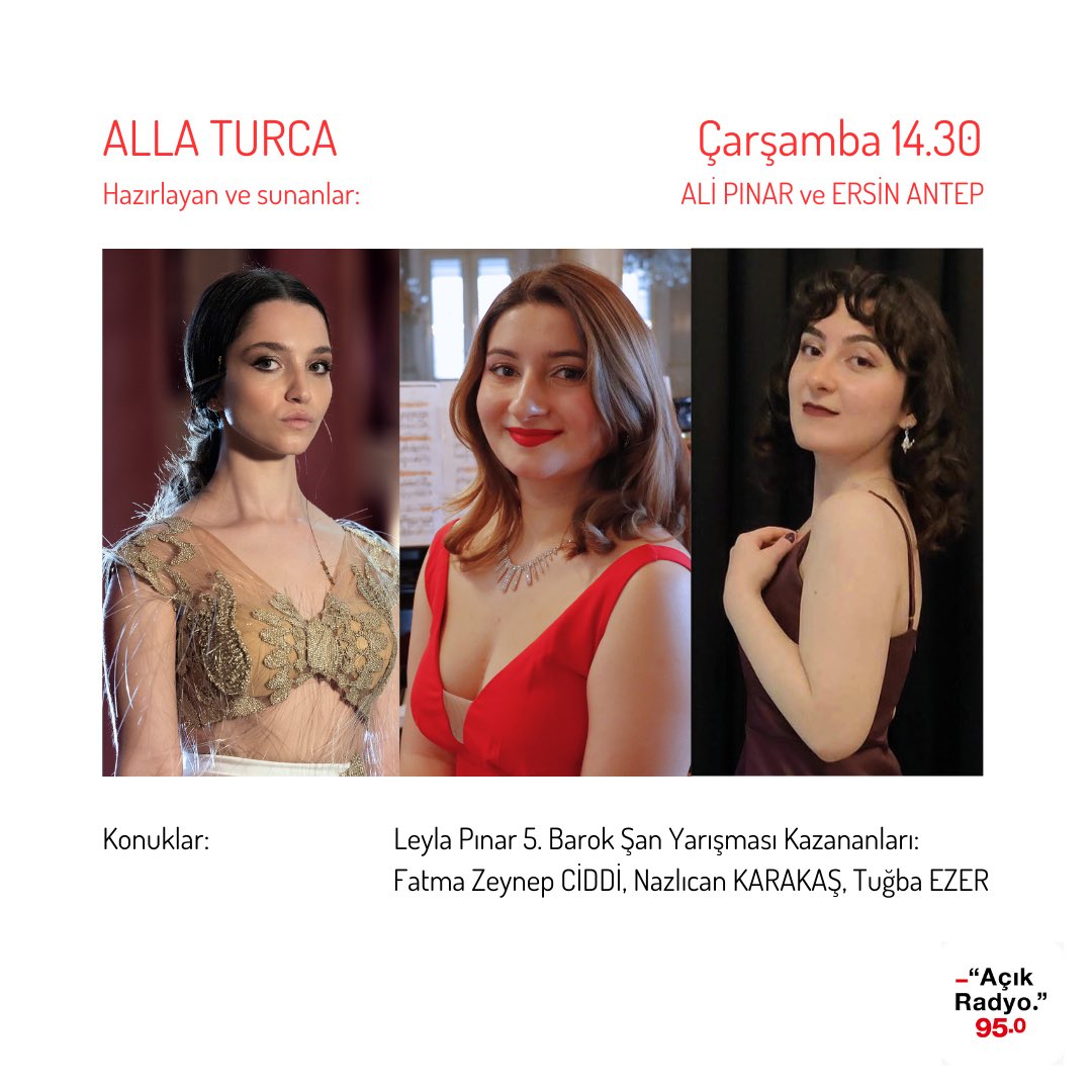 allaturca2001's tweet photo. Çarşamba 14.30’da 95FM #AçıkRadyo’da #AllaTurca’nın konuğu Leyla Pınar 5. Barok Şan Yarışması’nın kazananları 📻🎶 Winners of 5th Leyla Pınar Baroque Singing Competition are Alla Turca’s guest this week on wednesday at 2.30PM (GMT+3) on 95FM @acikradyo
https://t.co/eelcvHegsZ https://t.co/YNPjoSzaEU