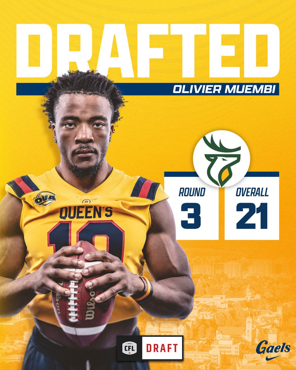Edmonton Bound! 🟢🟡

Congratulations to Queen's Football's Olivier Muembi on being selected 21st overall in this year's #CFLDraft by the Edmonton Elks!

#ForGold | #ChaGheill