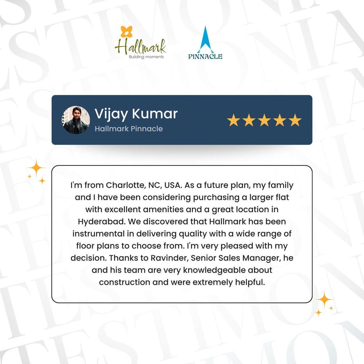 We really appreciate your nice feedback! It makes us feel great and motivates us to get even better.

#HallmarkBuilders #HallmarkFamily #HappyCustomer #RealEstate #Hyderabad