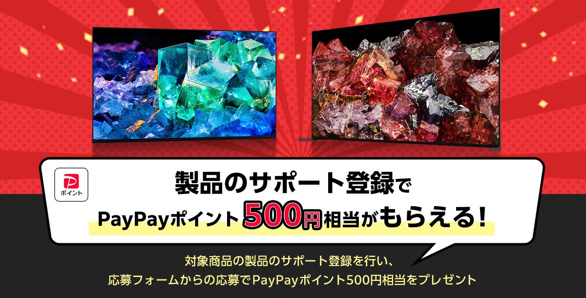 「製品登録でPayPayポイント500円相当がもらえる！」 期間中にブラビアを買って応募すると、PayPayポイント500円をもらえるキャンペーン！ bit.ly/3UEN4lB ・購入期間中に対象商品を購入 ・購入締切：2024年6月28日（金）