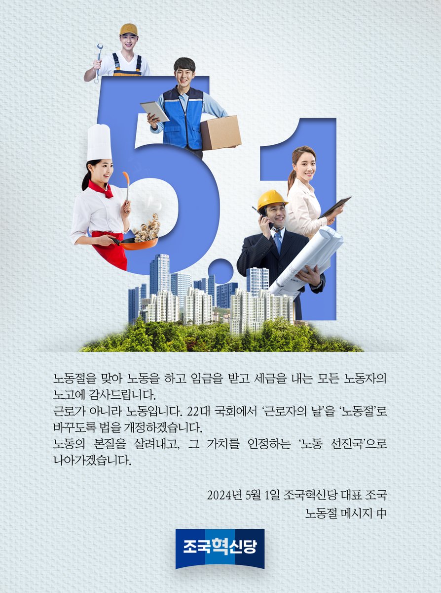 노동절을 맞아 노동을 하고 임금을 받고 세금을 내는 모든 노동자의 노고에 감사드립니다.
근로가 아니라 노동입니다. 22대 국회에서 ‘근로자의 날’을 ‘노동절’로 바꾸도록 법을 개정하겠습니다.
노동의 본질을 살려내고, 그 가치를 인정하는 ‘노동 선진국’으로 나아가겠습니다.
조국대표  메세지 중