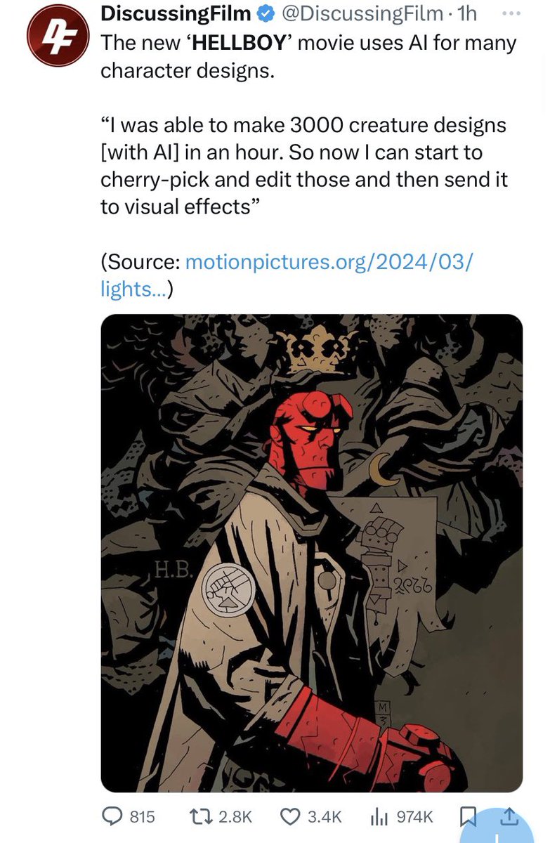 The producers of the new Hellboy movie stole the work of artists. How much did they steal? Let’s do some quick math: 3,000 uses of AI x 1,000 pieces of art to “train” the AI x $100 per piece of real art = *$300,000,000 in stolen art. This is a *conservative* estimate… (1/X)