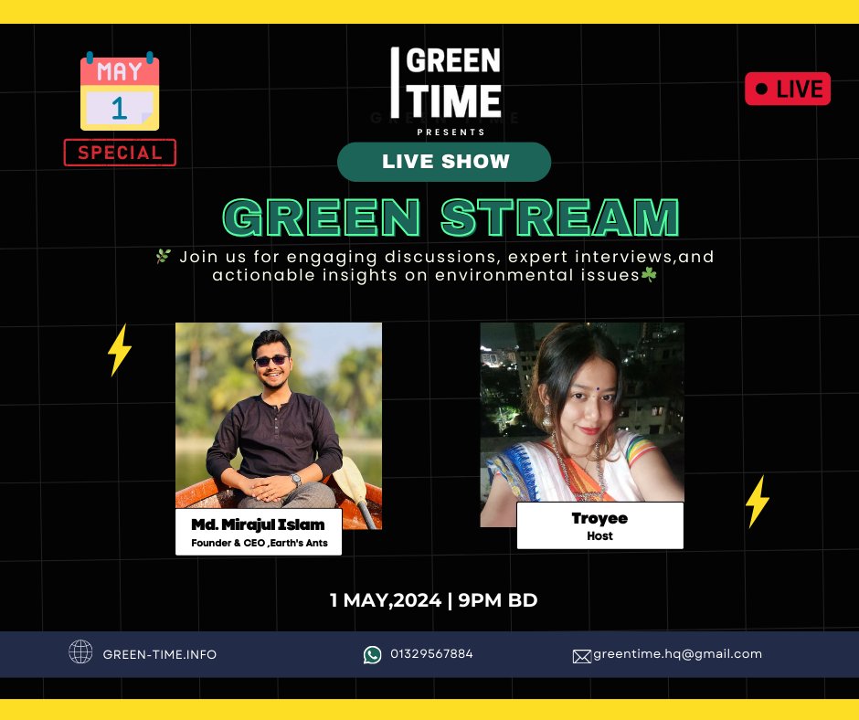 🔴LIVE MAY DAY CEREMONY: UNITED EARTH SAVIOURS One of the most famous environmental news portals, Green Time will have an interview with Our Founder & CEO, Md. Mirajul Islam on 1 May at 9.00 p.m. #MayDay2024 #LabourDay #savetheplanet #ClimateAction #TogetherWeCan #earthsantsorg