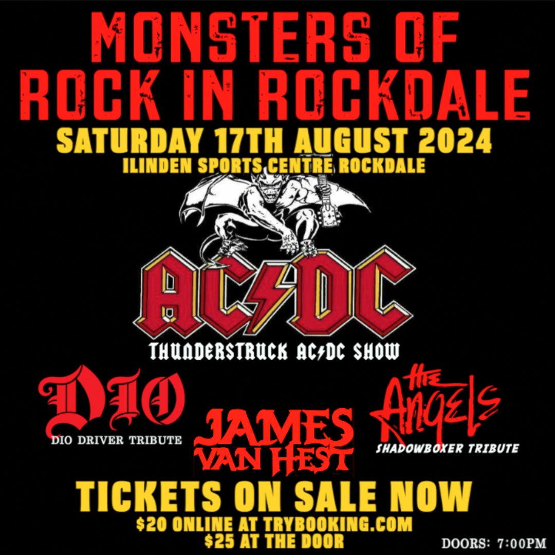 4 BANDS FOR $20!!
DON'T MISS OUT!

🎟TICKETS🎟
trybooking.com/events/landing…

#acdc #ronniejamesdio #theangels #jamesvanhest #JVH #rocknroll #rockandroll #hardrock #classicrock #metal #blues #music #musician #guitar #guitarist #bass #drums #livemusic #band #rockband #rockmusic