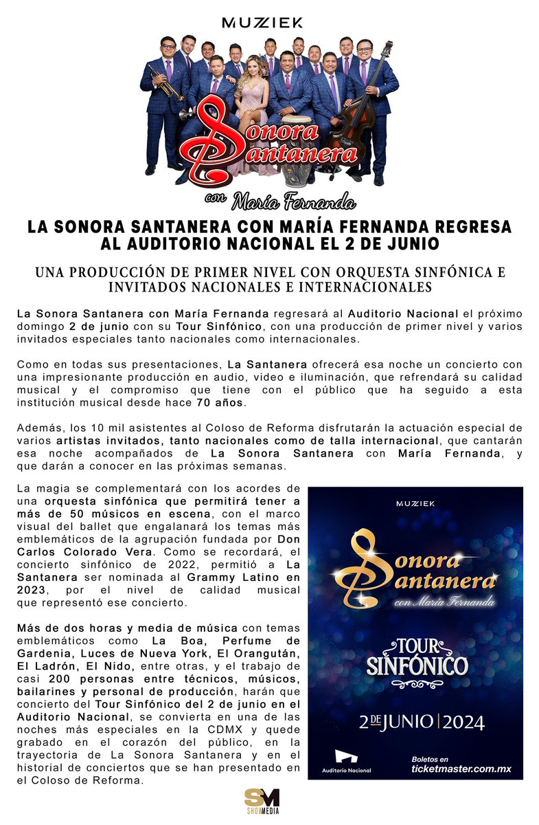 La @s_santanera con @Mariferg6 regresa al Auditorio Nacional el 2 de junio.

• Una producción de primer nivel con orquesta sinfónica e invitados nacionales e internacionales. 

#ShowMedia #SonoraSantanera #mariferalvo #auditorionacional #sinfonico