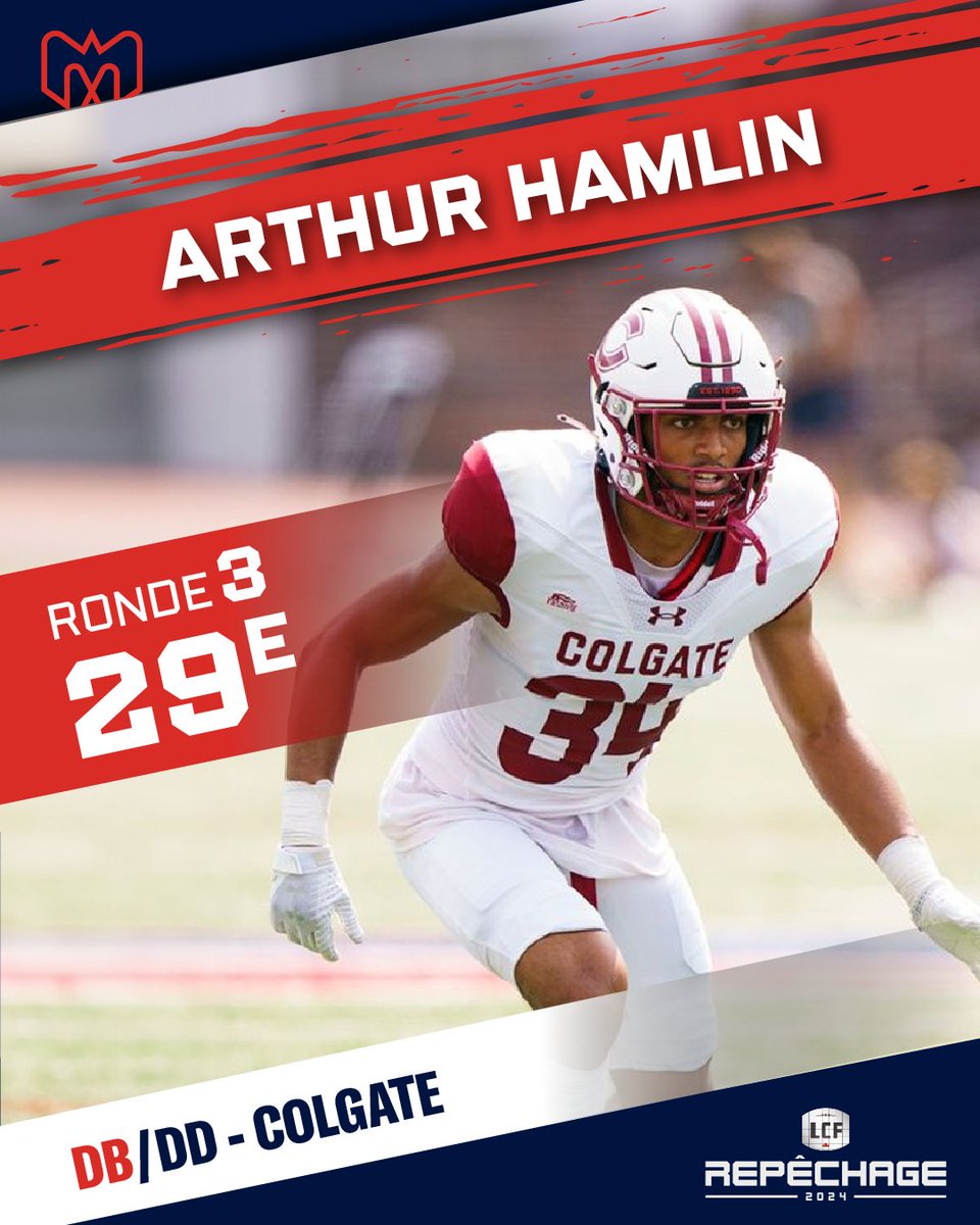 Avec notre choix de 3e ronde, nous avons sélectionné le demi-défensif, Arthur Hamlin (Colgate) With our third round pick we have selected defensive back, Arthur Hamlin (Colgate) #CFLDraft ‌