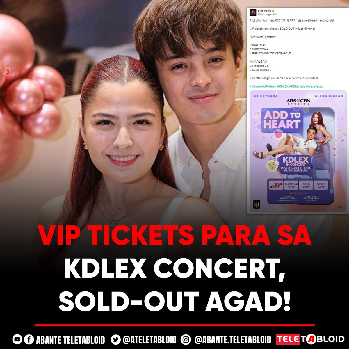 Iba talaga ang power ng KDLex fans dahil sa loob lamang ng 15 minuto’y na-sold out agad ang VIP tickets para sa Add To Heart: KDLex in Concert na gaganapin sa Music Museum sa Mayo 31.

BASAHIN: tnt.abante.com.ph/2024/04/30/vip…

#TunayNaTabloidista #AbanteShowbiz #EntertainmentNewsPH #fyp