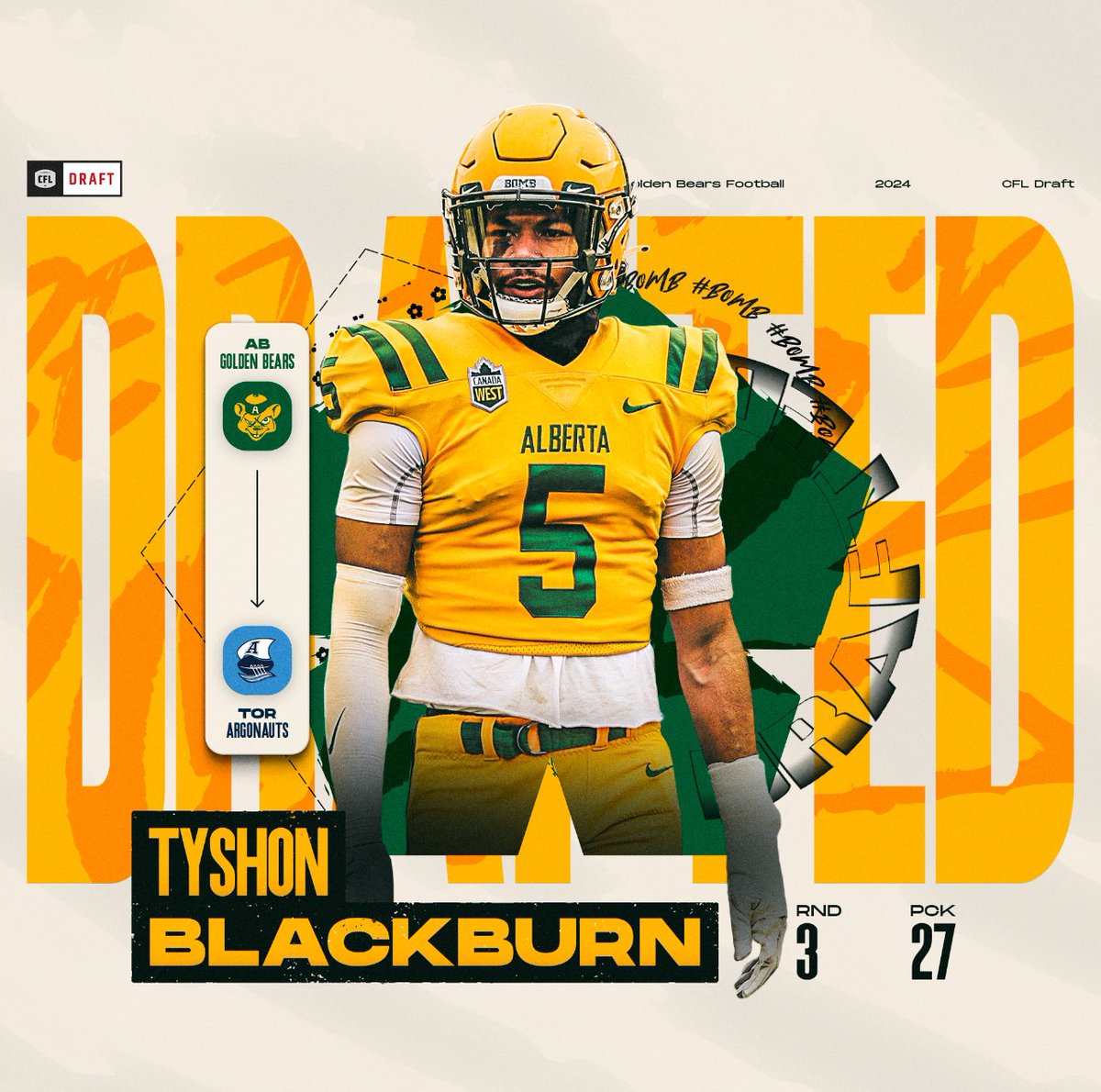 Congratulations to Golden Bear Football’s Tyshon Blackburn! The 27th overall pick in the CFL Draft.