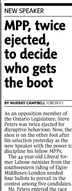 Just as a footnote on parliamentary ejections in the provincial context... Ontario once had a Speaker who, in their prior MPP life, was ejected twice :-P