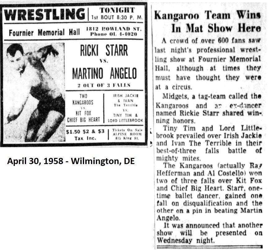 April 30, 1958 - Fournier Hall, Wilmington, DE Main Event: Ricki Starr vs. Martino Angelo