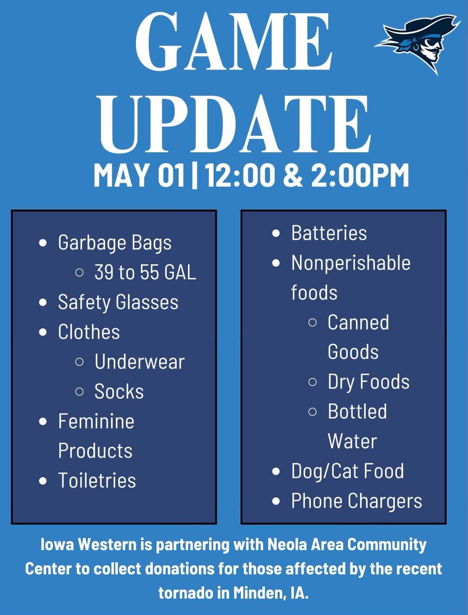 ReiverSoftball's tweet image. Reivers are regular season champions &amp;amp; hosting playoffs. First pitch is tomorrow at 12:00pm against SWCC. During this doubleheader, we are asking fans to bring donations for people in Minden, IA who were impacted by the recent tornado. Items to bring are listed!
#IWill #SailsUP