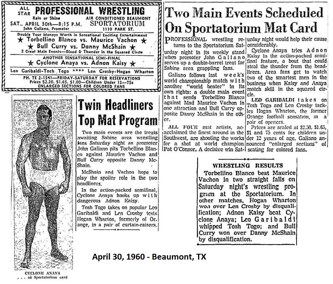 April 30, 1960 - Sportatorium, Beaumont, TX Main Event: Torbellino Blanco vs. Maurice Vachon
