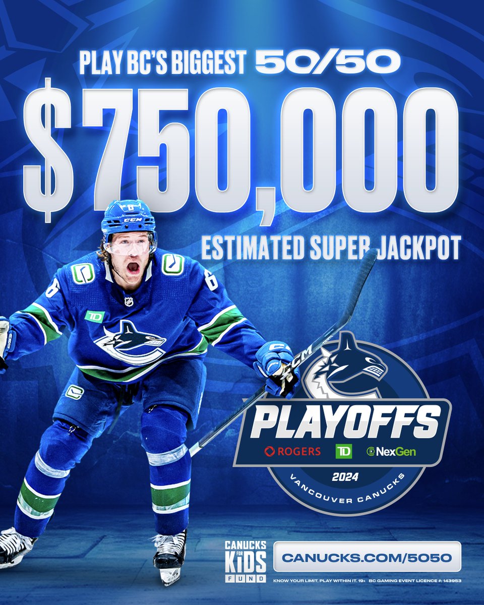 With the 50/50 jackpot already well over $500K, you can win BIG tonight with an estimated super jackpot of $750,000! 🎟 Purchase before the end of the 2nd intermission. Must be 19+ and located in BC to play. BUY NOW | vancanucks.co/5050HomeTW