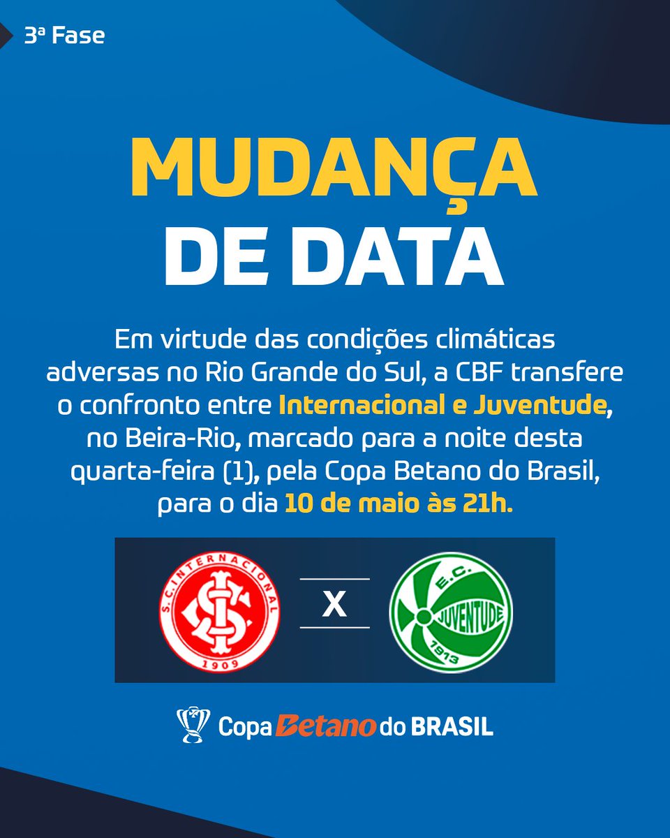 🚨 Recado importante!

A partida entre @SCInternacional 🆚 @ECJuventude  tem uma nova data e horário.

🗓️10/05
🕐 21h
📍 Beira Rio

#CopaBetanoDoBrasil