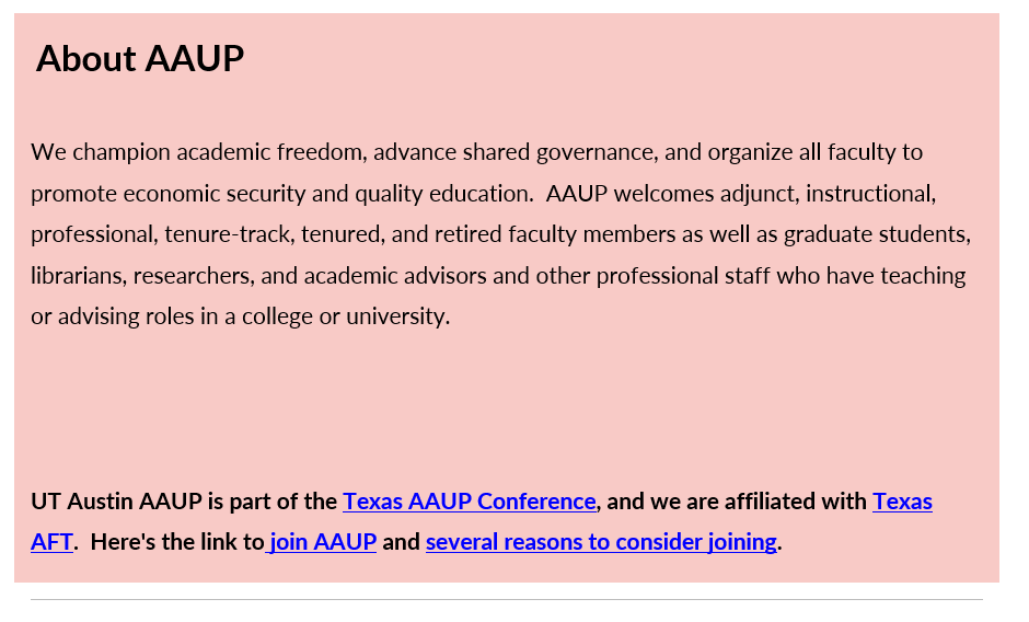 The AAUP/AFT cabal is now mass e-mailing UT faculty to drum up support to sign on to their 'demand' 'letter.' As an entity that purportedly represents public employees, I doubt that they thought through the immediate consequences of their behavior over the past two weeks. #txlege