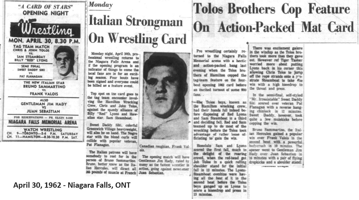 April 30, 1962 - Memorial Arena, Niagara Falls, ONT Main Event: Tolos Bros. vs. Billy Red Lyons & Sam Steamboat