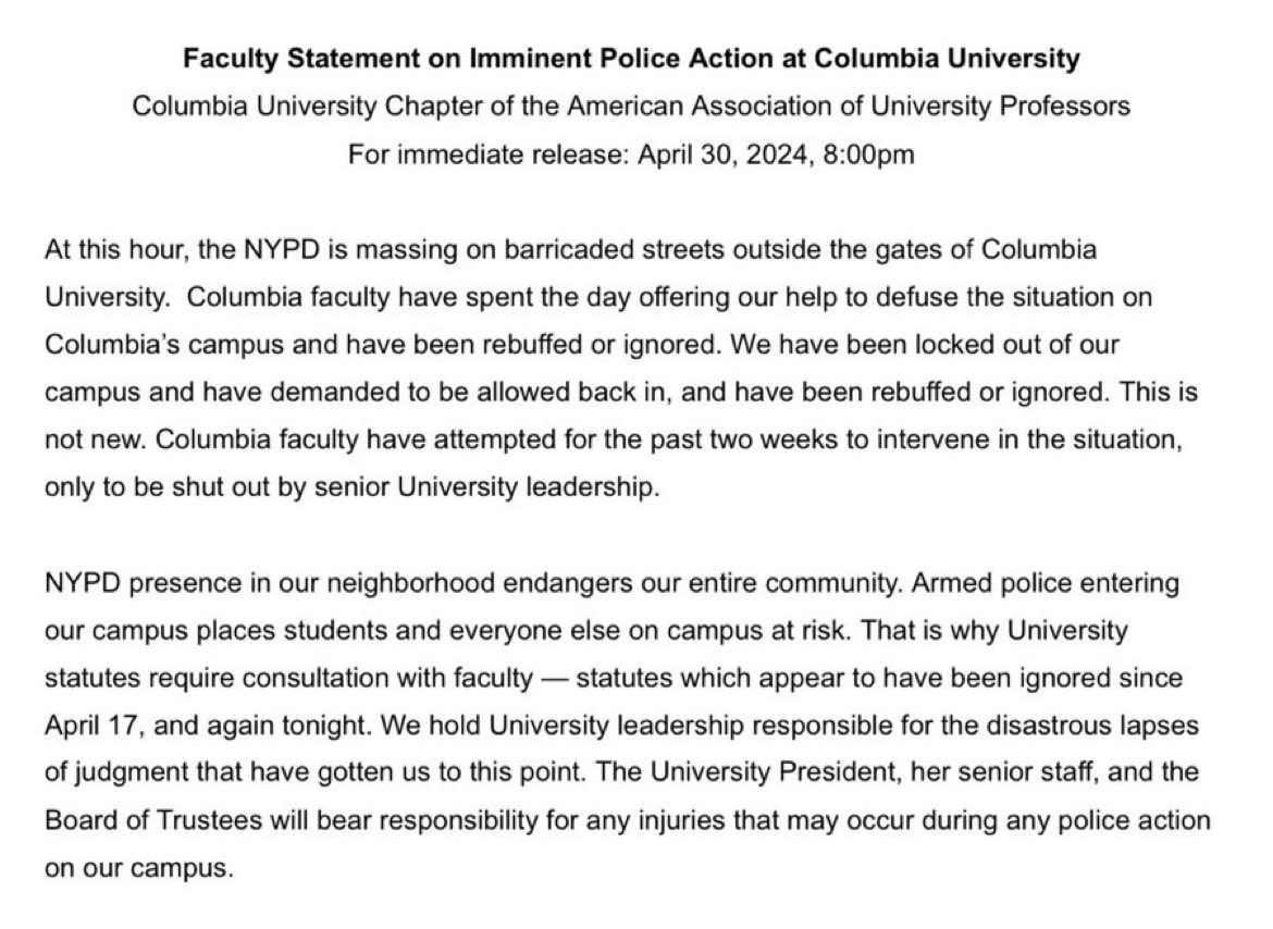 If you’re still wondering how these college kids turned into total lunatics, look no further than this letter from faculty at Columbia University. They aren’t asking criminal trespassers, vandals and disrupters to stand down, nope, they’re blaming NYPD. These kids reflect the…