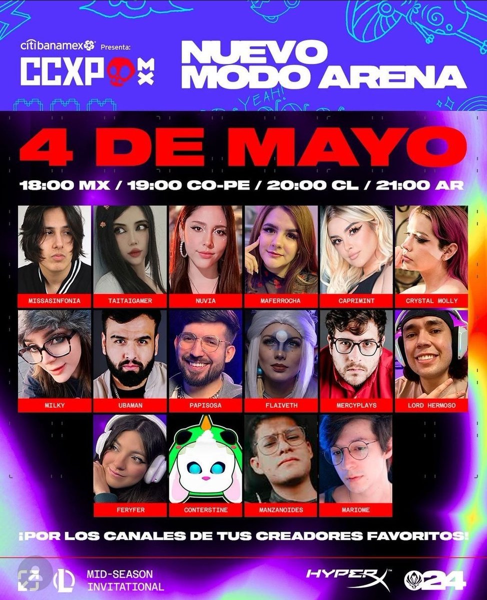 📣 | ¡MOLLY ESTARÁ EN CCXP PARA JUGAR EL NUEVO MODO ARENA EN LOL!

📅 4 de Mayo
6 pm 🇲🇽 / 7 pm 🇵🇪🇨🇴 / 8 pm 🇨🇱 / 9 pm 🇦🇷