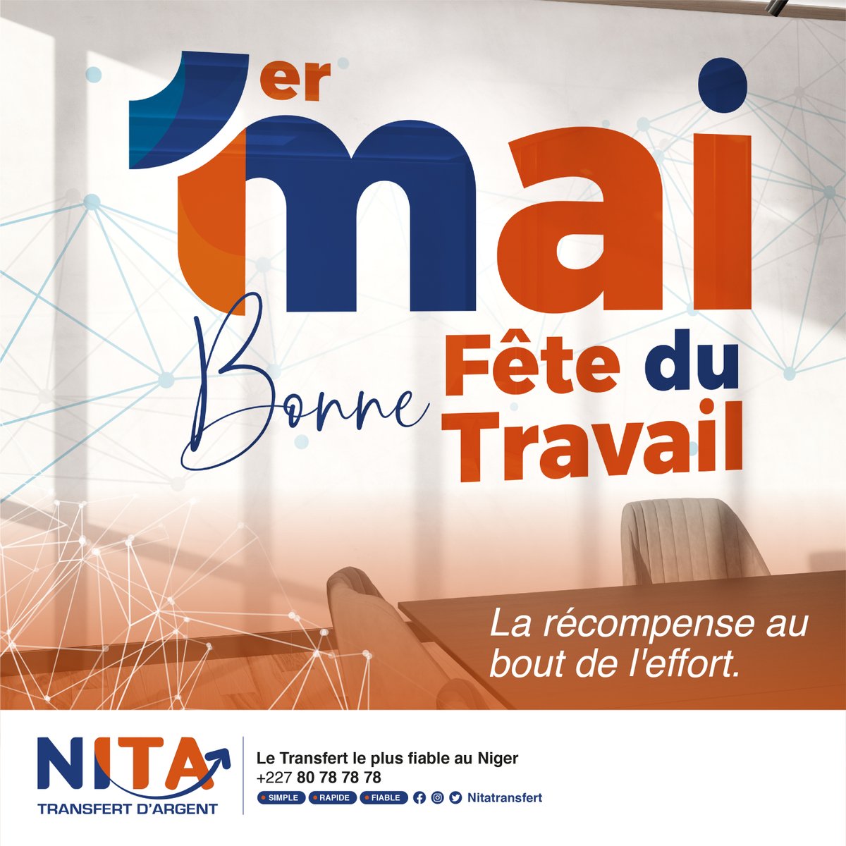 En ce 1er Mai , NITA Transfert d'Argent tient à vous souhaiter une très belle journée de la fête du travail. Nous saluons l'engagement et le dévouement de tous les travailleurs, la valeur de vos service sont inestimables. #NITA , le Transfert le plus Fiable au Niger 🇳🇪