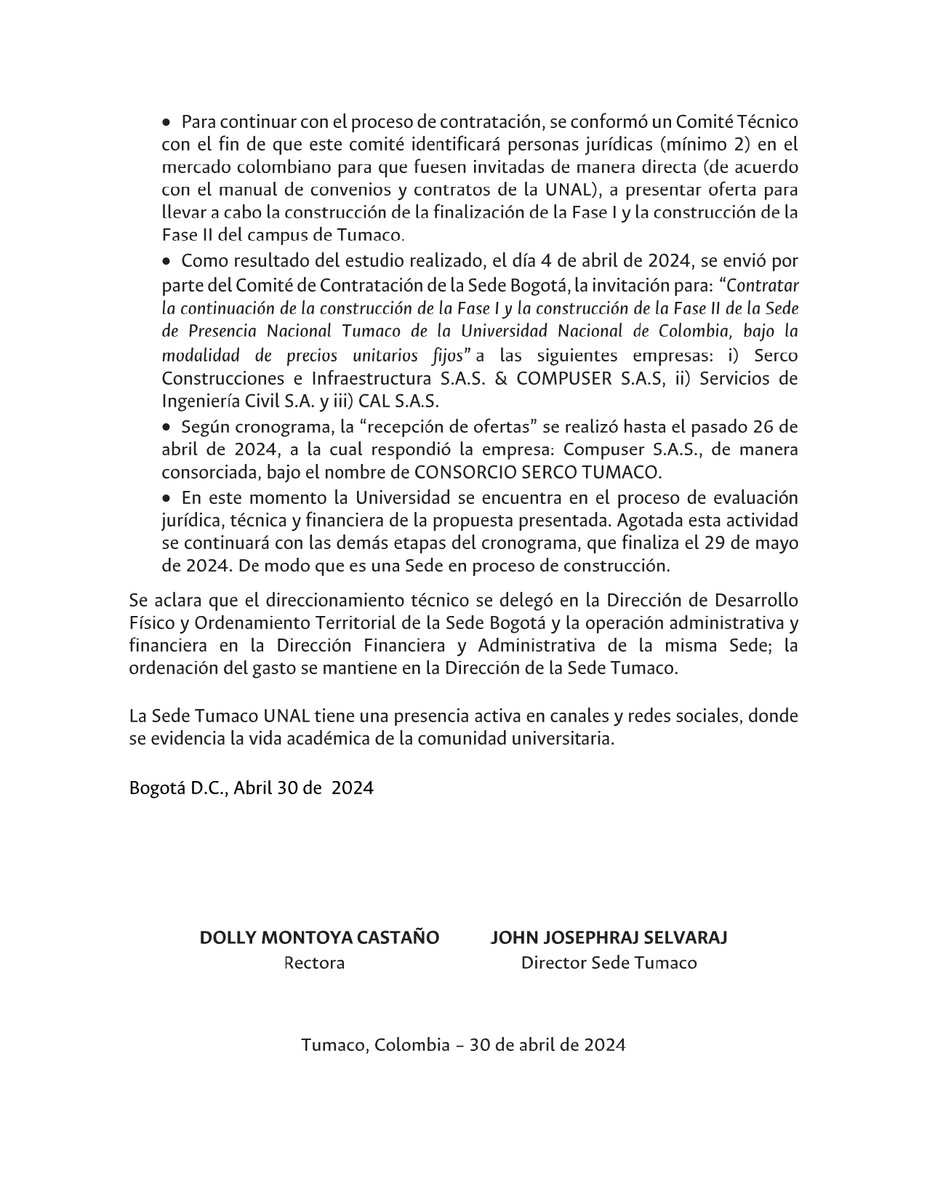 #ComunicadoOficial La @UNALOficial se pronuncia acerca del la integridad del proceso de construcción de la Sede Tumaco UNAL Lee el pronunciamiento oficial aquí: