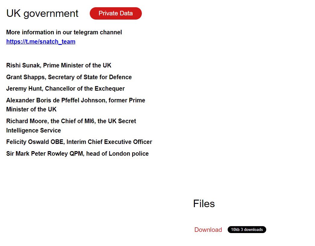 Ransomware Alert 🚨

In a recent disclosure, the Snatch Ransomware group asserts a successful breach of the UK Government, purportedly gaining access to confidential data belonging to both former and current Prime Ministers of the United Kingdom. The leaked data includes