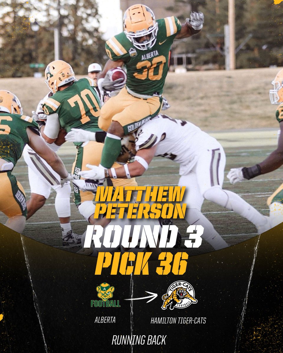 With the 36th selection in the 2024 CFL Draft, the Hamilton Tiger-Cats selected RB Matthew Peterson!

Welcome to Hamilton, Matthew! 

#Ticats | #CFL | #HamONT | #CFLDraft