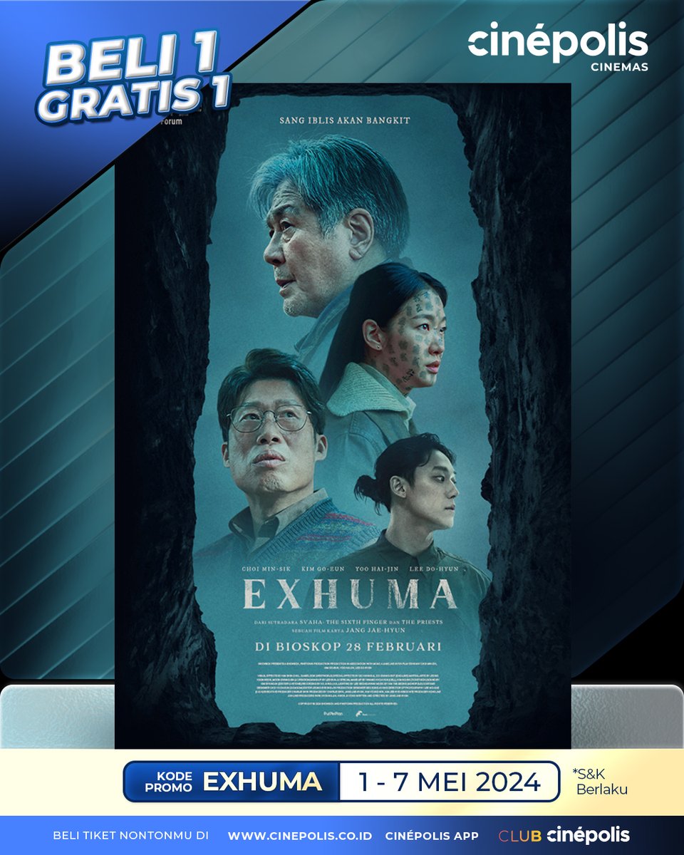 Mayday it's time for Promo Day 🍿🥳 Saatnya ketemu duo dukun yang diperankan Kim Go-Eun dan Lee Do-Hyun. Biar makin rame micin info BUY 1 GET 1 TICKET nonton #Exhuma dari tanggal 1️⃣-7️⃣ Mei 2024 🎟️ Book tiket nontonmu di website serta aplikasi Cinépolis Indonesia dan masukkan