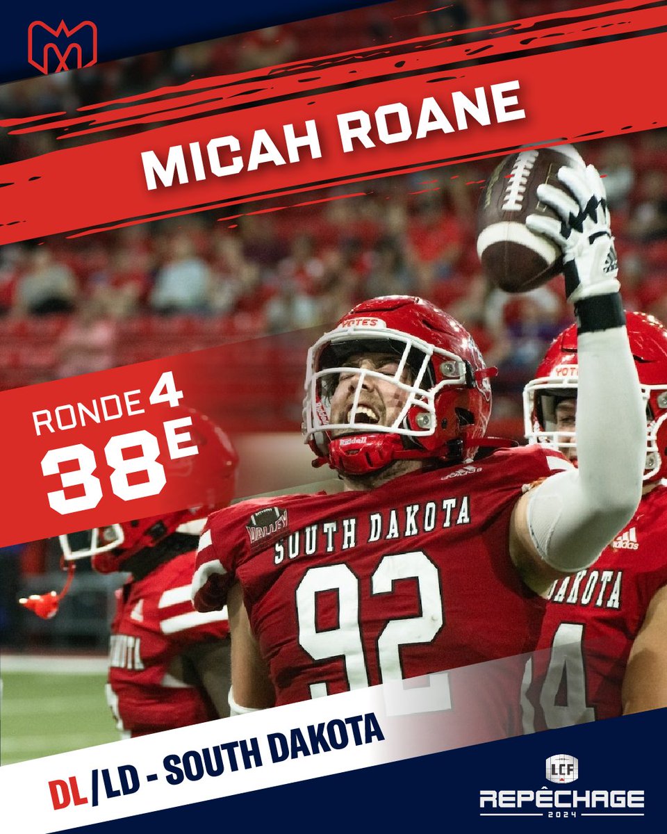 Avec notre choix de quatrième ronde, nous avons sélectionné l'ailier défensif, Micah Roane (South Dakota) With our fourth round pick we have selected defensive lineman, Micah Roane (South Dakota) #CFLDraft