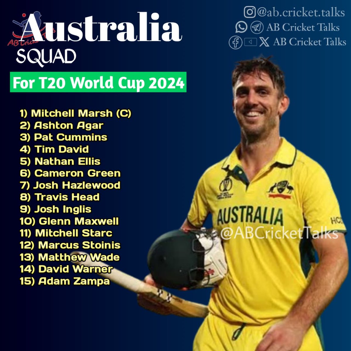 After days of intrigue, Australia unveil their ICC Men's T20 World Cup Squad 
What is your views on this Squad
#ABCricketTalks #CricketTalksWithArpit 

#T20WorldCup2024 #WorldCup #T20WorldCup24 #Australia #ChampionsLeague