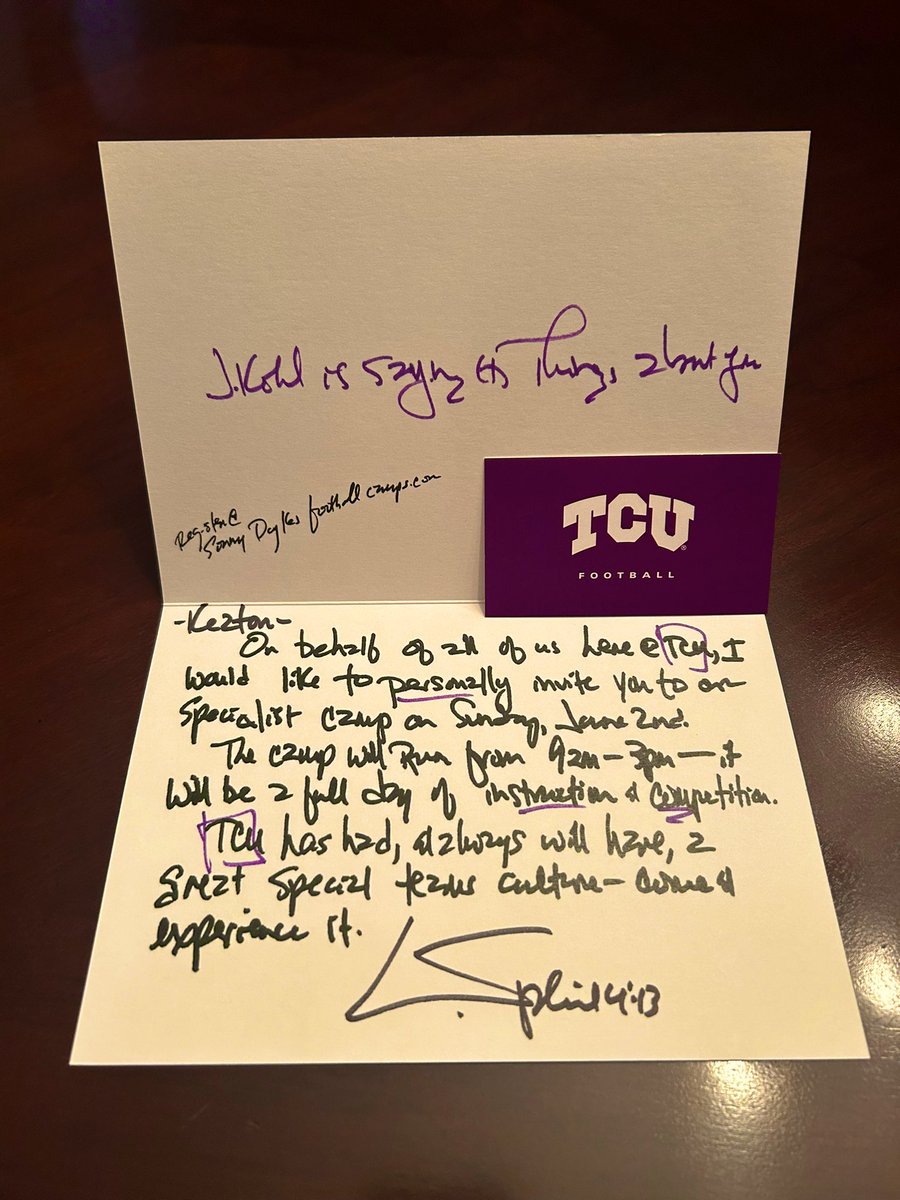 Thank you @MTommerdahl and @TCUFootball for the personalized camp invite! #GoFrogs 🐸 @KohlsKicking