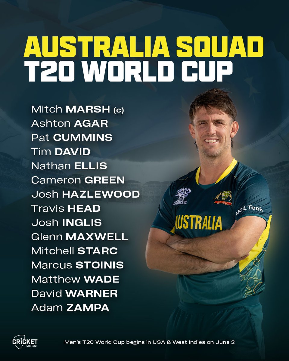 #Australia squad for the #ICCT20worldcup2024 

#T20WorldCup2024 #T20WorldCup24